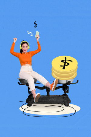 Trend artwork banner sketch collage of young lady sit scales hold phone listen music headphones...