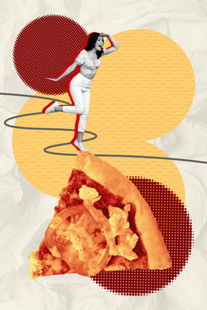 Exclusive image art pop trend collage of excited girl stand pizza slice pepperoni nutrition fast food cafe bistro deliveryの写真素材