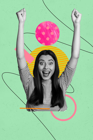 Poster 3d pop poster art collage of happy girl guy dance weekend party chill entertainment success occasion celebrate holidayの写真素材