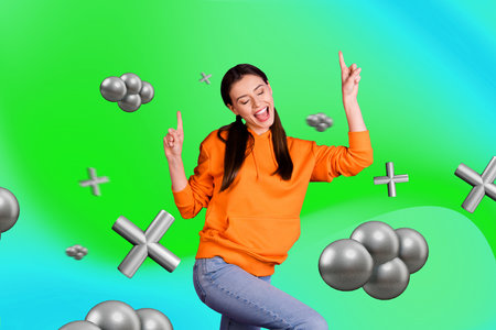 Collage of happy person in bright outfit surrounded by 3D abstract shapes vibrant design expressing...