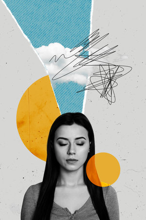 Sketch 3d trend poster collage of angry alone serious girl stand rain cloud tension depression mood apathy problem conceptの写真素材