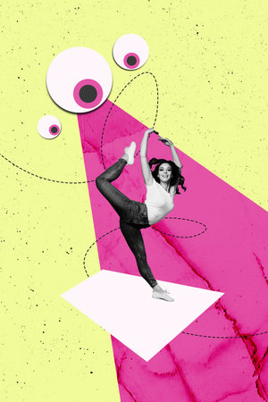 Vertical pop poster exclusive banner collage of happy girl ballerina dance eyeball stare observerの写真素材