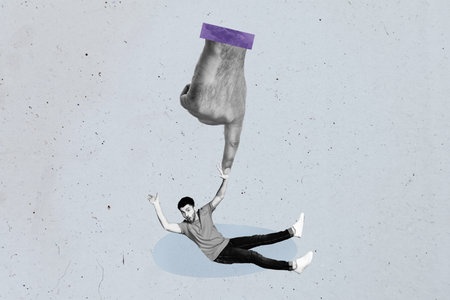 Full 3d sketch creative image poster art collage of puzzled dissatisfied man sit alone hand pointの写真素材