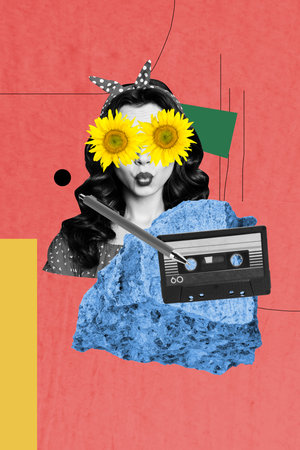 Composite 3D photo collage of portrait young woman sunflower eyes cassette music illustration imagination contemporaryの写真素材