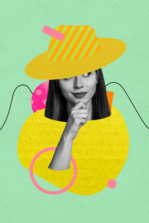 Image banner vertical art collage of happy minded girl wear striped hat hand hold chin contemplation portrait ball bodylessの写真素材