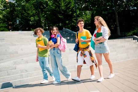 Group of diverse students enjoying day outdoors, bonding and carrying bookの写真素材
