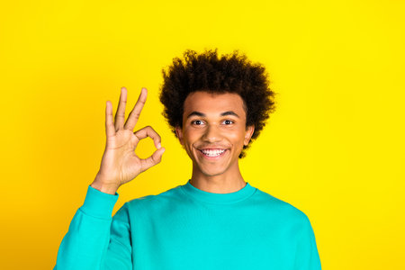 Cheerful young man wearing a teal sweatshirt making an okay gesture on a vibrant yellow background with a bright smile.の写真素材