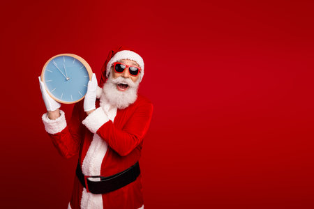 Festive Santa Claus Holding Clock Celebrates Christmas in Vibrant Red Background with Funky sunglass