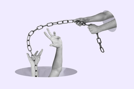 Exclusive image full photo collage of human hands hold chain trap pull prisoner occupation metal jail punishment conceptの写真素材