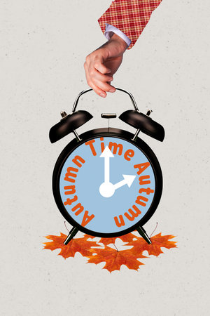 Exclusive image art pop trend collage of alarm clock autumn time concept dry maple leaves foliage...