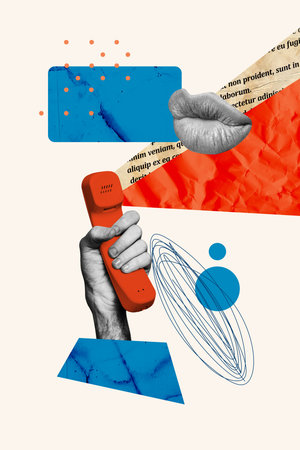 Composite 3D photo collage design trend sketch of mouth lips gossip conversation hand hold landline phone call talk helpline communicationの写真素材