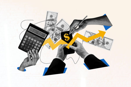 Trendy image poster banner 3d collage photo of freelancer businessman hold phone dollar transaction...