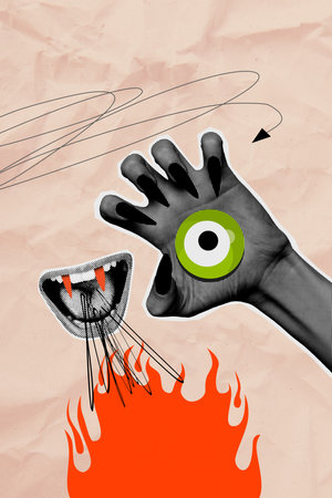 Sketch banner vertical photo collage of human mouth teeth vampire scream fire human hand spooky halloween holiday eyeballの写真素材
