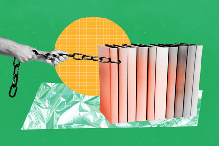 Artwork pop sketch banner full 3d collage of human hand pull chain book stack encyclopedia education bookworm hobby readingの写真素材