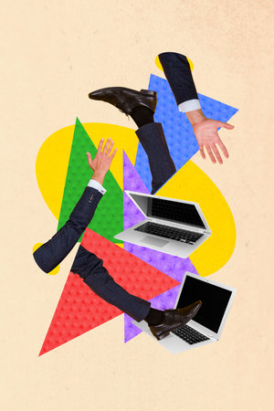 Trend vertical artwork 3d photo collage of businessman part body legs hands laptop device freelancer it-specialist occupationの写真素材