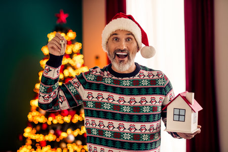 Happy elderly man holding house model and keys near decorated Christmas tree, celebrating holiday magic indoorsの写真素材
