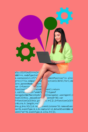 Collage of business man woman in front of abstract charts programming code symbolizing creative...