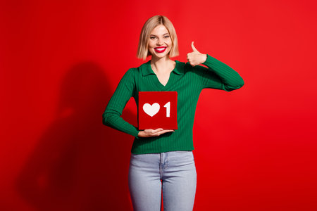 Young stylish woman in casual green sweater showing thumbs-up gesture against red background with a...