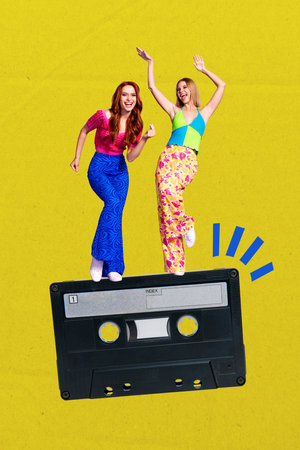 Sketch template design photo collage of retro style two woman friends dance tape cassette leisure...