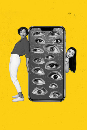 Trendy art creative image photo collage of two puzzled girls stand phone device eyeball stare...