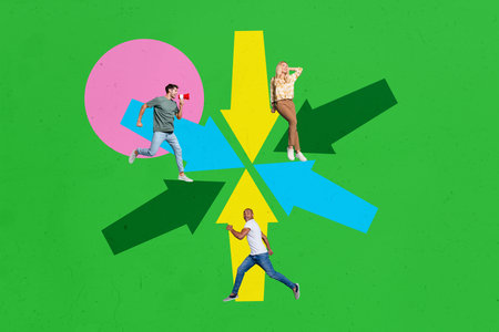 Poster sketch image 3D photo collage of team young man lady stand talk megaphone arrow showing way target venture arrow choice candidateの写真素材