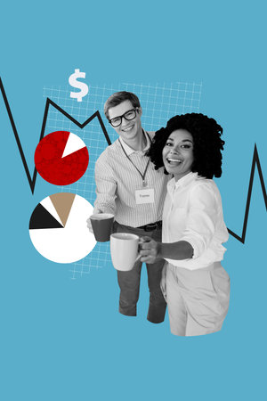 Composite sketch design 3D photo collage of young man lady smile hand hold cup coffee diagram income wealth economy bank dollarsの写真素材