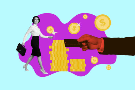 Collage of person hand with credit card and money symbols representing online shopping finance freedom paymentの写真素材