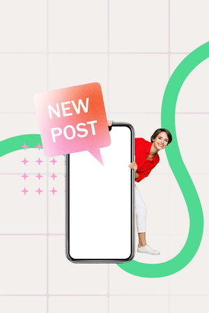 Sketch art image poster 3d banner collage of happy girl peek phone device communication messenger app bubble new post blogging