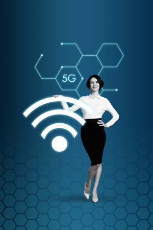 Vertical trendy poster art collage of happy businesswoman freelancer stand wifi router diagram icon development progressの写真素材
