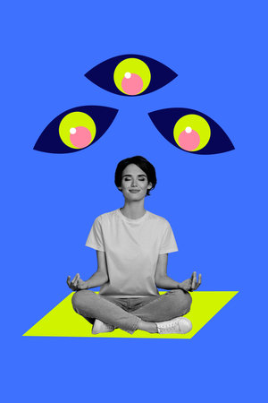 Trend artwork sketch design montage 3D collage of young woman sit down meditate keep calm eyes watch motionの写真素材