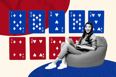 Sketch art image poster 3d banner collage of happy girl sit beanbag surf laptop cards combination...
