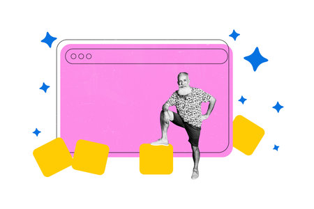 Composite banner image 3d photo collage of happy old man stand bubble chat speech communication webpage message chatterboxの写真素材