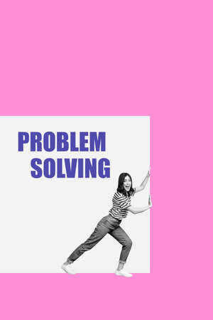 Vertical image artwork pop trend collage of happy businesswoman push wall geometric figure development career promotion successの写真素材