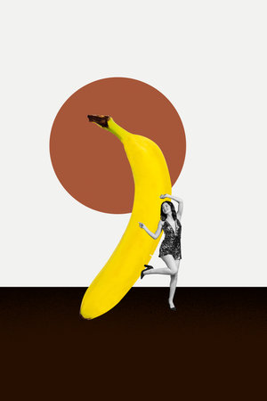 Exclusive artwork banner vertical collage of happy girl stand tropical banana exotic nutrition fruit healthy lifestyleの写真素材