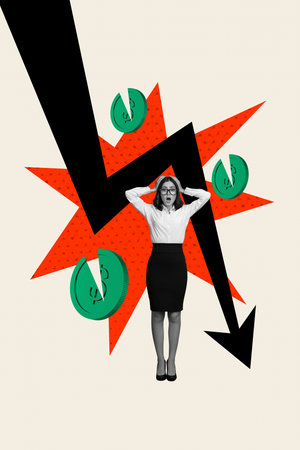 Image vertical artwork 3d photo collage of shocked businesswoman stand arrow decline regress statistics problem dollar inflationの写真素材