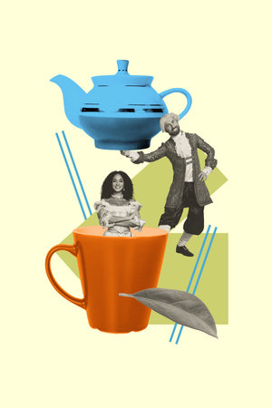 Trend artwork collage of style aristocratic costume wig fashion elegance young lady sit cup man hold teapot rest coffee enjoy flavor teaの写真素材