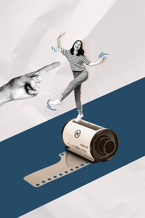 Composite zine image pop trend collage of happy girl dance accumulator roll battery photographing cinema movie tape cadreの写真素材
