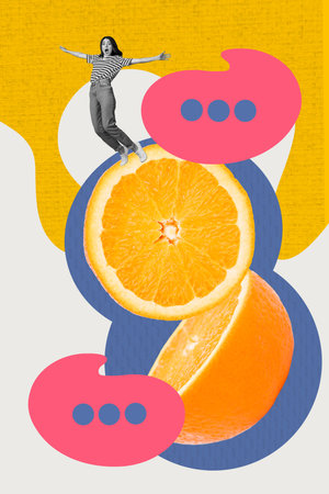 Banner 3d sketch image collage of shocked girl stand orange bubble fruit detox nutrition summer citrus cloud speech conceptの写真素材