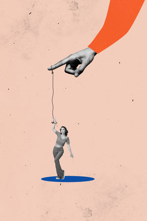 Photo banner image trendy poster collage of big size hand hold rope young lady dance smile motion manipulation commandの写真素材