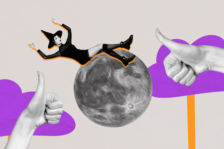 Composite art banner 3d photo collage of shocked witch girl lay moon planet human hands show like gesture spooky autumn seasonの写真素材