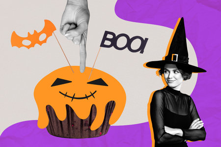 3d image banner sketch photo collage of happy witch girl stand muffin cooking bat topping boo halloween preparation eventの写真素材