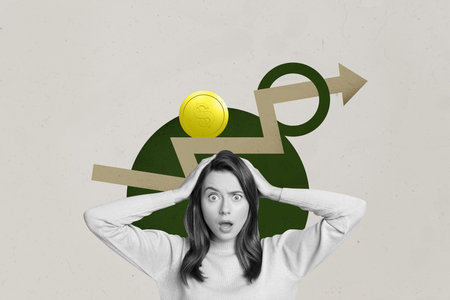 Financial Business Success Collage Showing Happy person With Upward Arrow Symbolizing Money Trading Growth Statsの写真素材