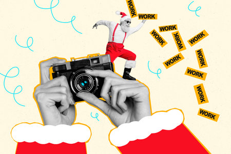 Art sketch 3d image full collage of excited old man santa claus dance hands hold camera retro shooting merry christmasの写真素材