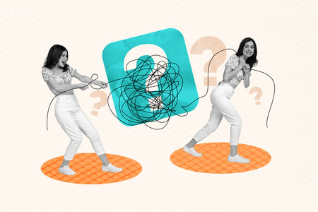 Creative poster pop 3d collage photo of happy girl carry question mark doodle solving strategy burden concept aim achievementの写真素材