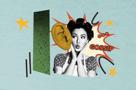Composite creative art collage of astonished girl big ear rumors gossip listener deaf secret whisper information overhearの写真素材