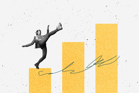 Banner pop image trendy collage of happy businesswoman step chart statistics development career...
