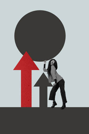 Collage showing creative concept of business growth and success with over rising arrow chart goal aim hitting centerの写真素材