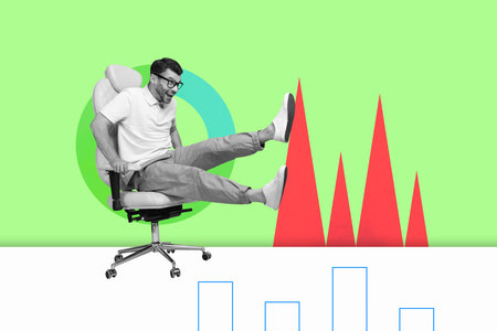Collage Featuring Excited Business person With Business Chart Pie Graph Analyzing Data Statistics...