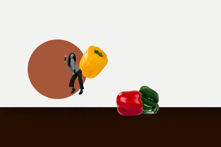 Pop zine 3d image collage of happy girl guy stand red yellow green pepper bulgarian paprika plate dinnerの写真素材