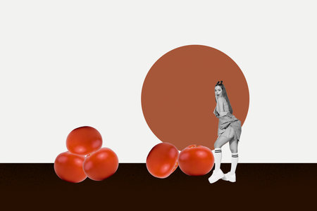 Composite 3d zine pop trend collage of happy girl guy stand red tomato vitamin weight-loss vegetarian healthy nutrition dietの写真素材